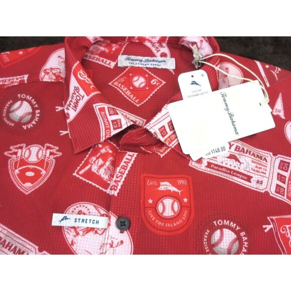Tommy Bahama Men's SS Big Hitter Baseball Button Up Shirt Chili Pepper Red NWT - Picture 5 of 8
